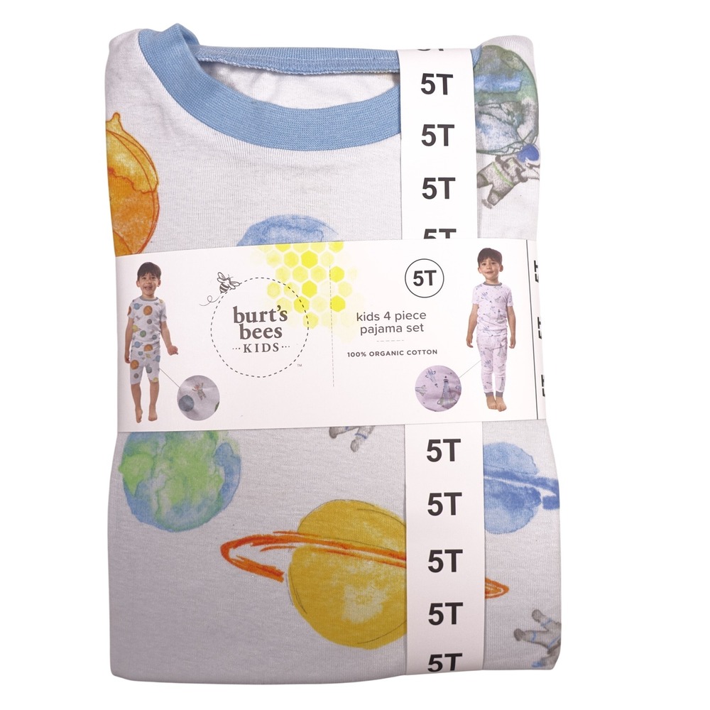 Burts Bees Kids 5T Organic Cotton 4 Piece Pajama Set Blue Space Planets New